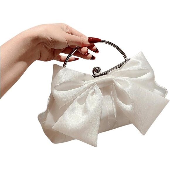 Women's White Polyester Cute Bow Decor Clutch Evening Crossbody Purse - Picture 4 of 7